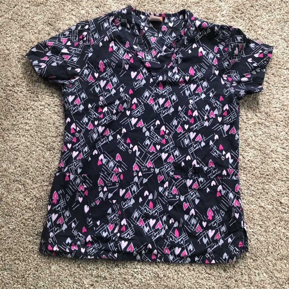 icu By Barco Gray and Pink Heart Pattern Scrub Top